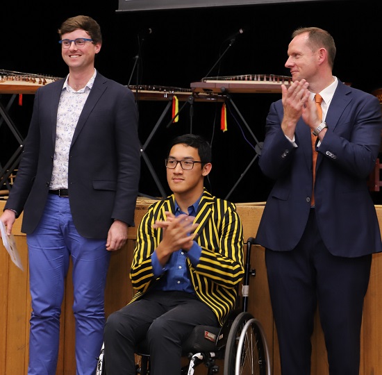 Jonathon from the Newtopian Outreachers with Mayor Darcy Byrne and Zarni Tun 2019 Young Citizen of the Year and member of the Balmain Parra Rowing Team